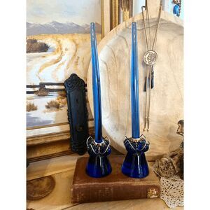 Vintage MCM Blue Lucite Taper Candles with Matching Candle Holders